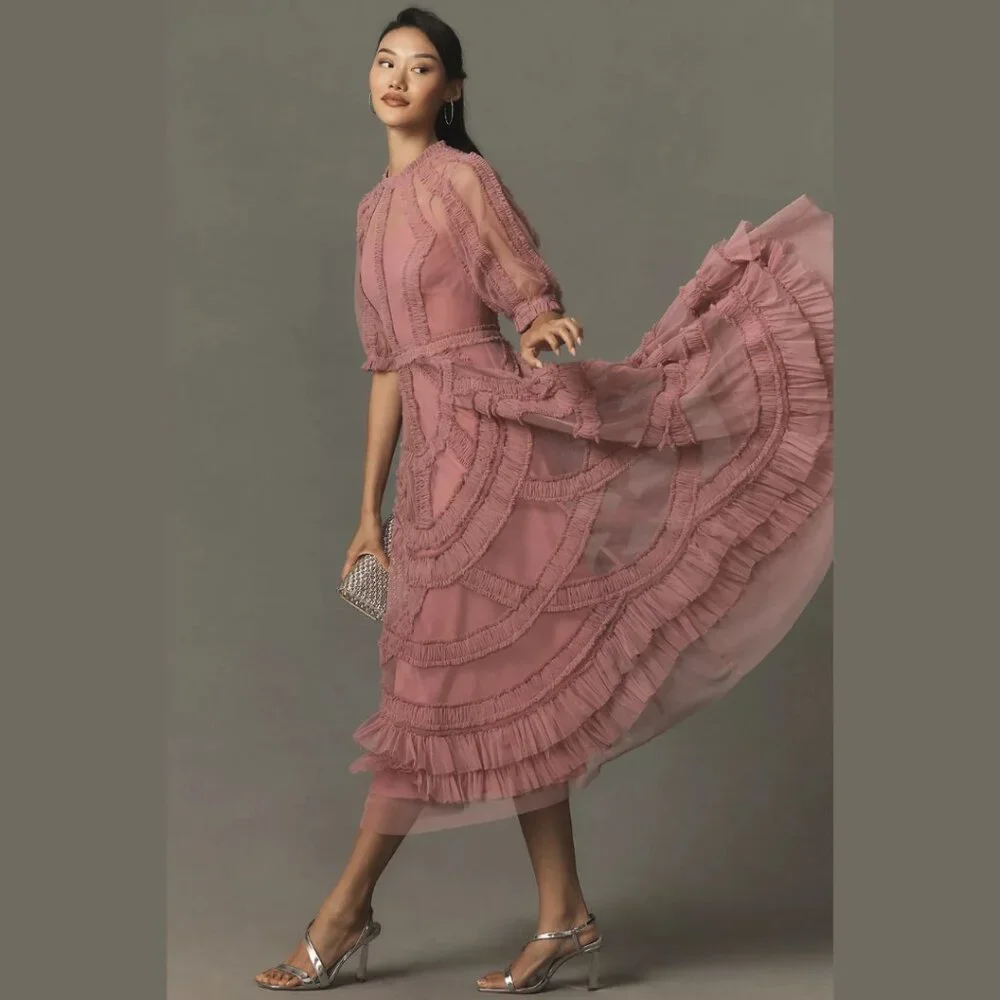 Anthropologie Mac Duggal 8058 Pink High Neck Micro Ruffle Tiered Midi Dress - Picture 3 of 6